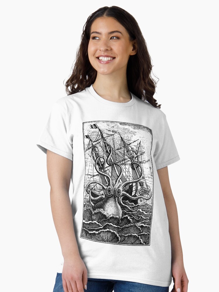Vintage Kraken attacking ship illustration Classic T-Shirt